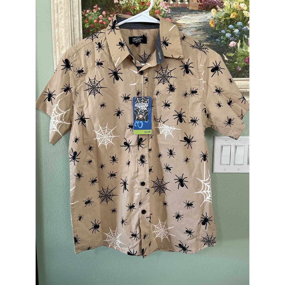 Eighty Eight Brand Tan Youth kids Boy's Button-Up Shirt Spiders Size 14 New